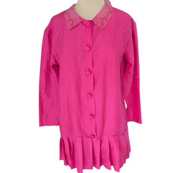 Fell Follet Vintage 100% Silk Women's Blouse Pink Lace Collar Pleated Hem - Picture 1 of 10